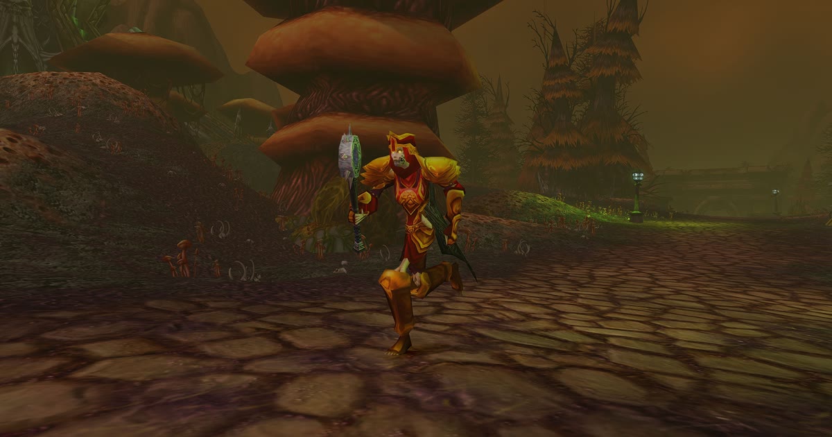 Paladin Undead berarmor merah emas membawa mace, salah satu kombinasi race dan class baru di WoW Forever