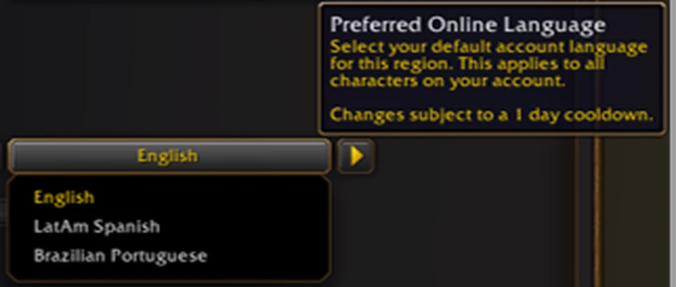 Menu Preferred Online Language di WoW Forever dengan pilihan English, LatAm Spanish, dan Brazilian Portuguese