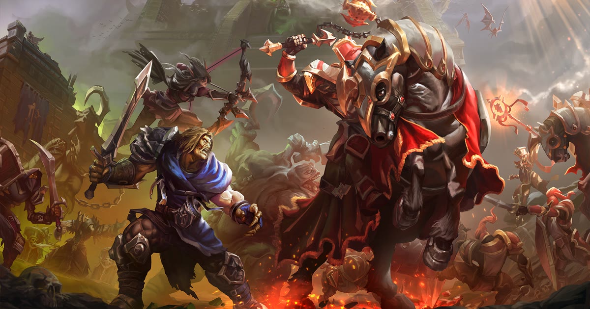 Artwork Blizzard: prajurit Human menghadang ksatria undead berkuda di tengah pertempuran