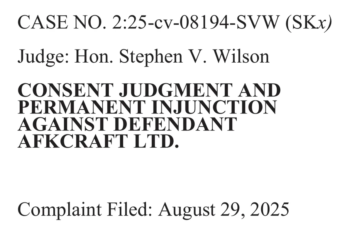 Kepala dokumen Consent Judgment and Permanent Injunction terhadap AFKCraft Ltd., perkara Blizzard lawan Turtle WoW