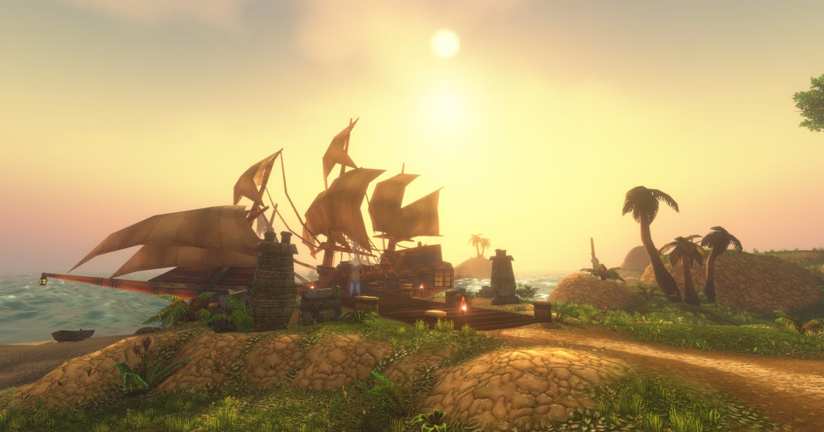 Kapal layar berlabuh di dermaga pulau tropis saat matahari terbenam, gambar resmi battleground Darkspear Islands WoW Forever