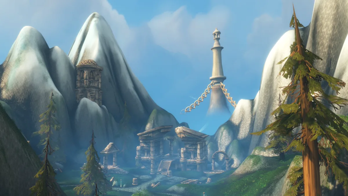 Menara pylon Skyborne dengan rantai yang menambatkan bangunan di lembah bersalju Zephras Isle