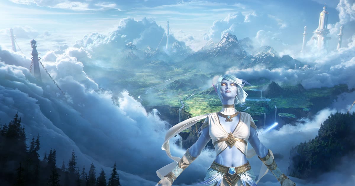 Artwork resmi WoW Forever: karakter Skyborne berkulit biru berdiri di depan pulau melayang di atas awan