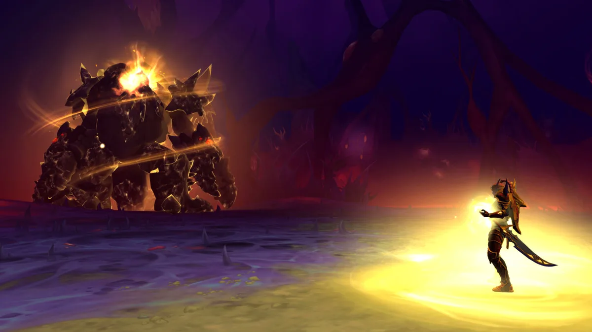 Lady Liadrin berdiri di lingkaran cahaya emas menghadapi makhluk raksasa berapi di arena gelap raid The Unbinding of Kith'ix