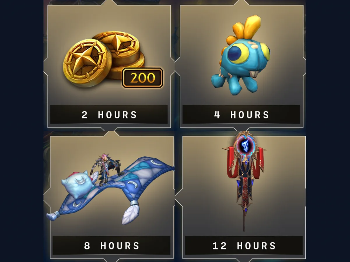 Empat reward Twitch Drops WoW BlizzCon 2026: koin Trader's Tender, boneka murloc biru, mount karpet selimut, dan toy banner