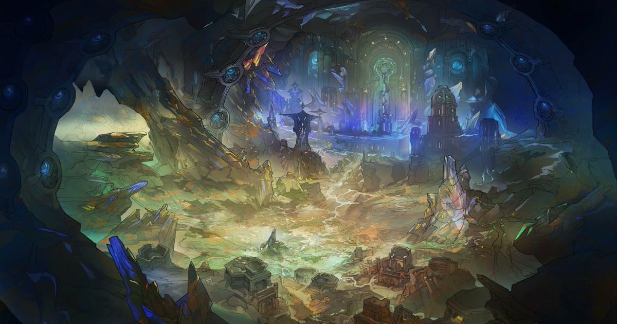 Artwork resmi panel What's Next Midnight: gua raksasa di bawah tanah dengan bangunan Titan yang bercahaya biru