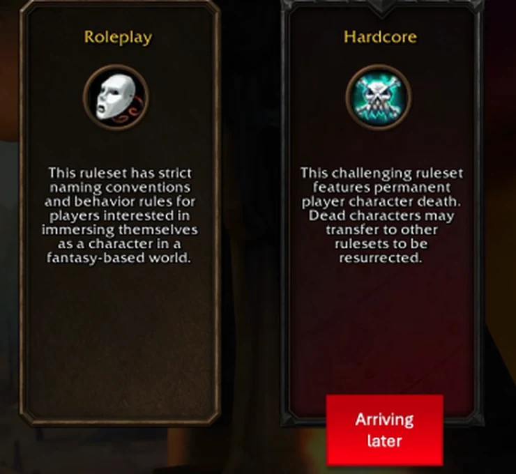 Kartu ruleset Roleplay dan Hardcore dari slide BlizzCon, Hardcore diberi label Arriving later
