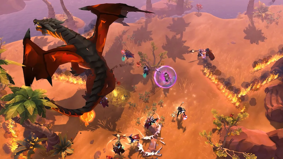Naga api menyerang pemain di area gurun open world Albion dengan jejak api di tanah
