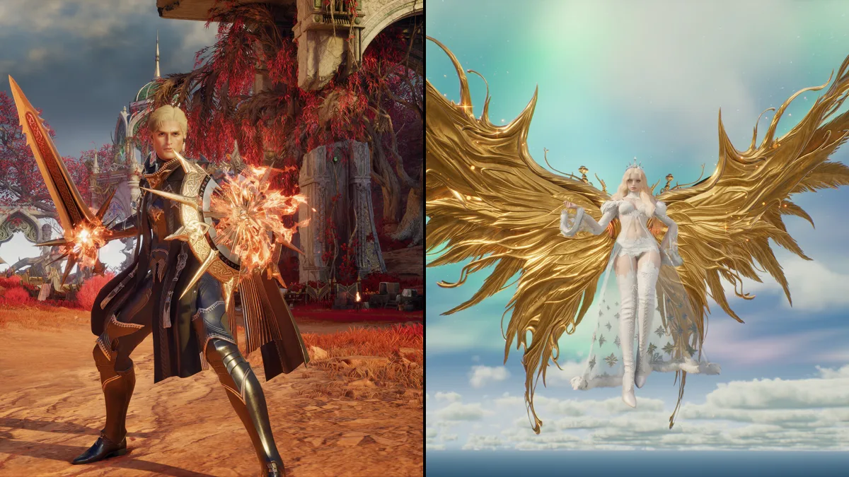 Kiri: skin armor Ascended Daeva dengan senjata Eternal Sun. Kanan: sayap emas Blazing Sun Wings