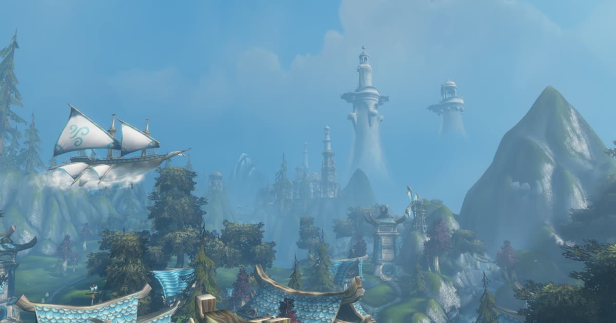 Kapal layar terbang dan menara putih Skyborne melayang di atas hutan Zephras Isle, WoW Forever