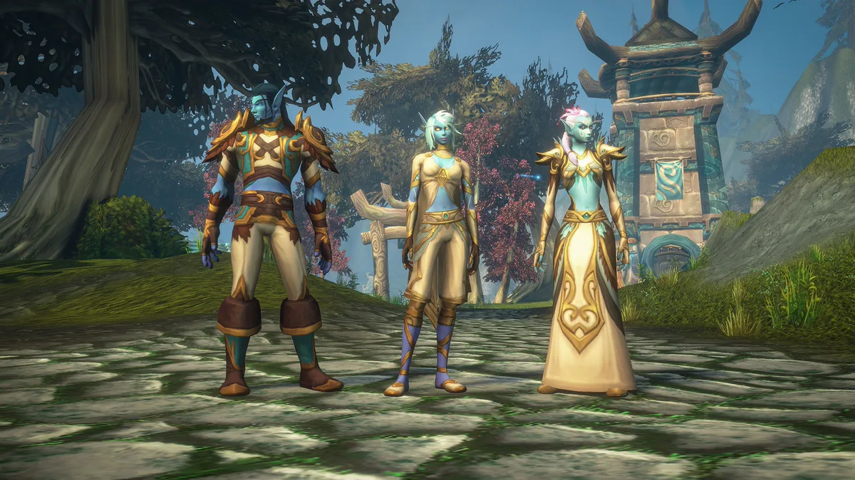 Tiga karakter Skyborne di Zephras Isle, zona awal race baru WoW Forever