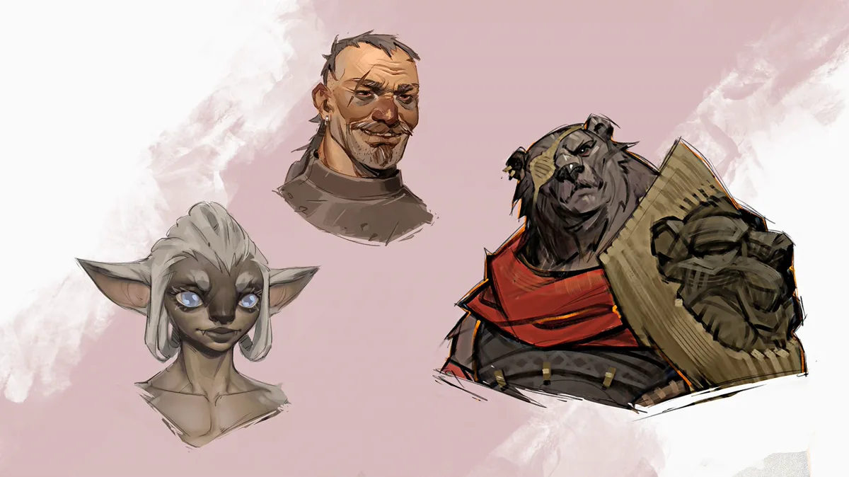 Sketsa wajah tiga species Guild Wars 3: human, asura, dan kodan