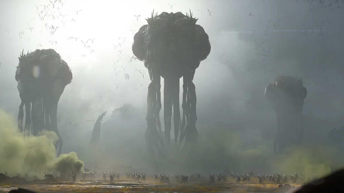 Overlord Zerg raksasa melayang di atas pasukan Marine Dominion di dataran berkabut hijau