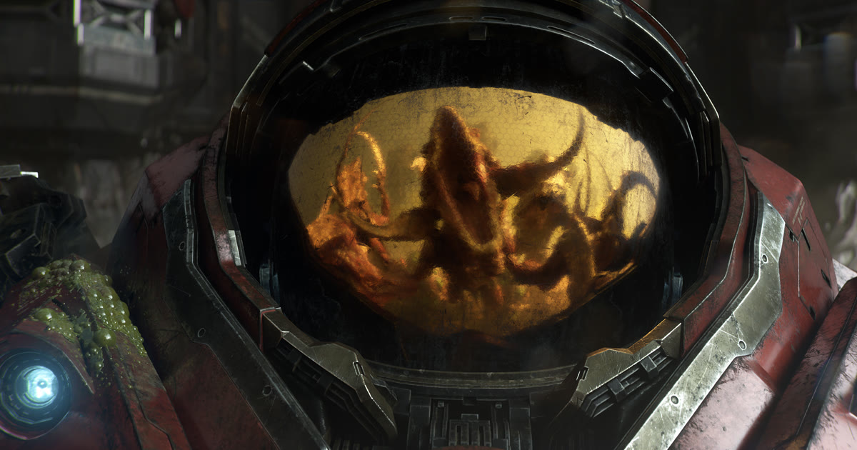Helm Marine Dominion memantulkan sosok Zerg, gambar resmi StarCraft open-world shooter dari BlizzCon 2026