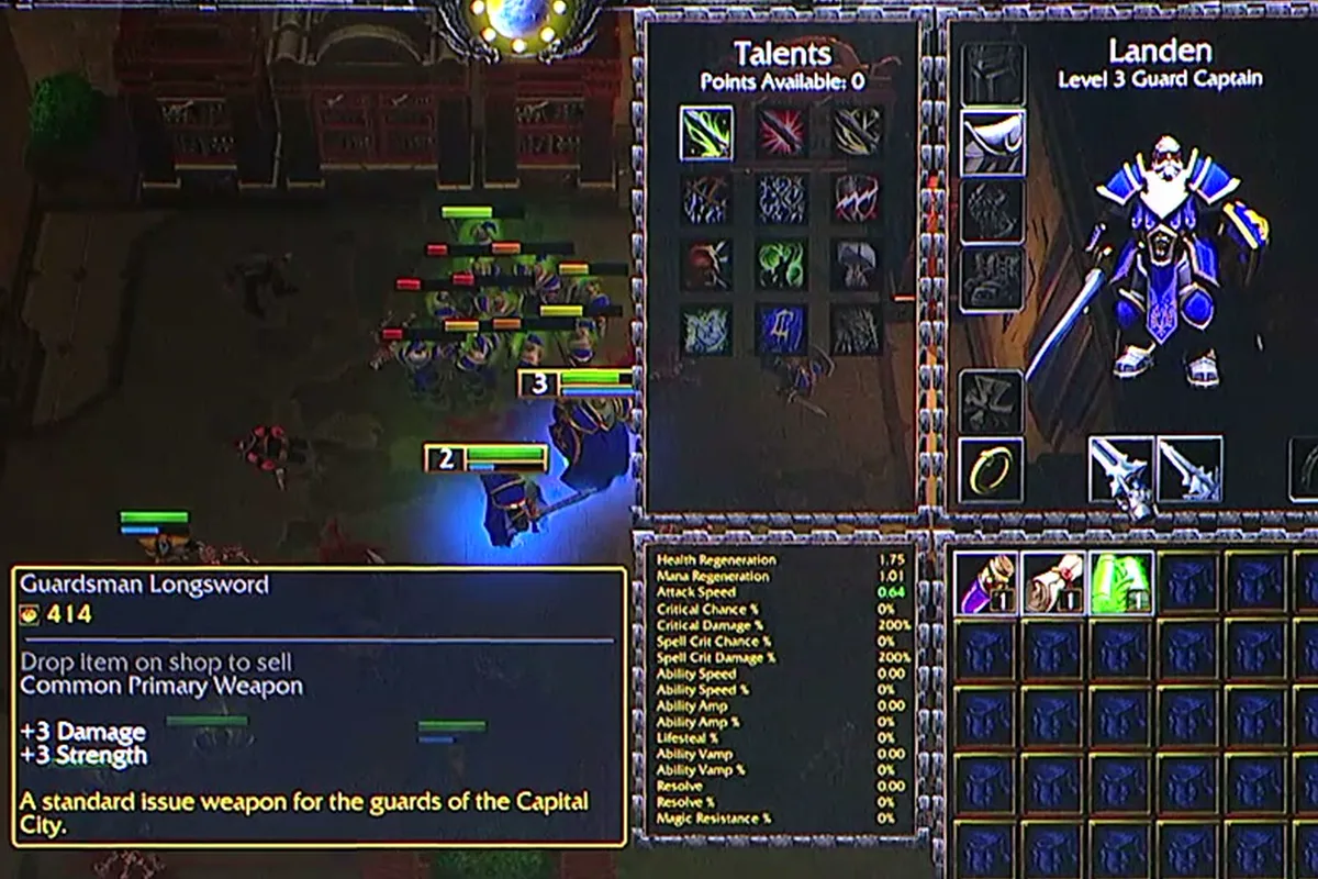 Layar campaign Forsaken Kingdom: hero Landen level 3 Guard Captain dengan talent tree, slot equipment, dan tas inventory 30 kotak