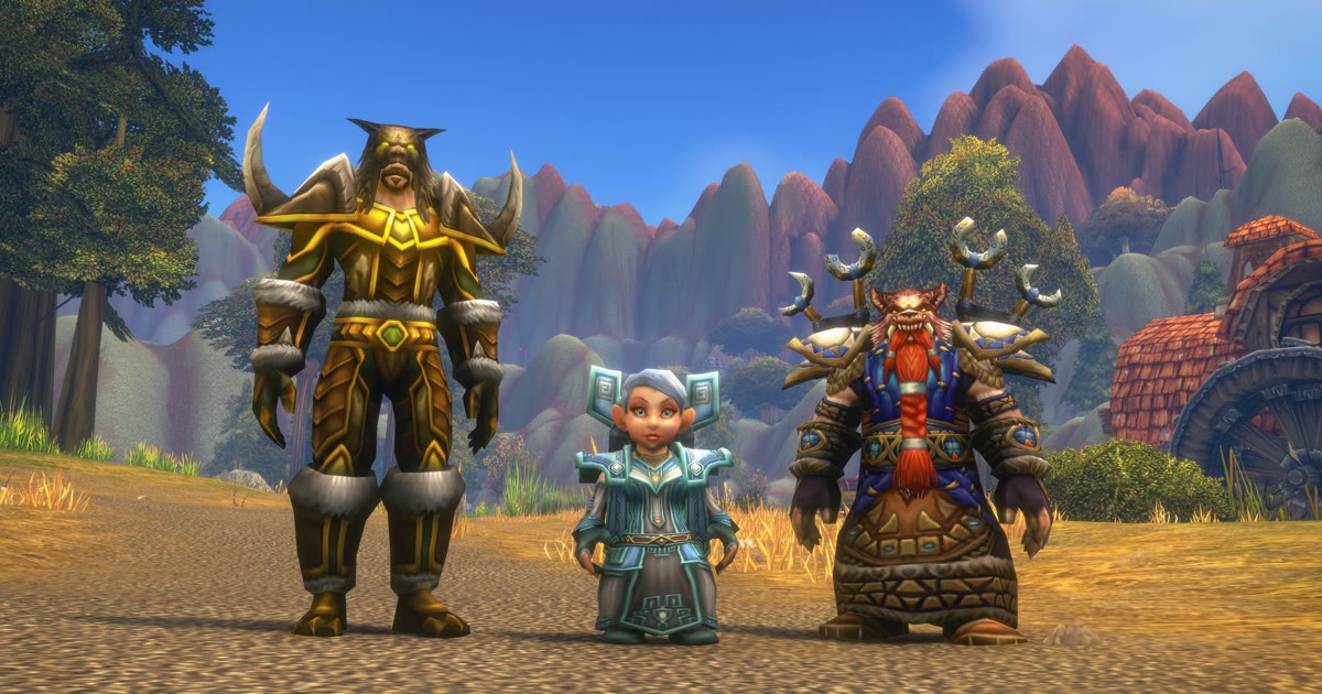Karakter Human, Gnome, dan Dwarf berarmor lengkap berdiri di jalan tanah, gambar resmi race dan class WoW Forever