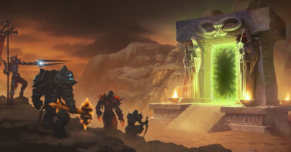 Artwork resmi The Burning Crusade: empat petualang berjalan menuju Dark Portal yang menyala hijau di tengah gurun merah