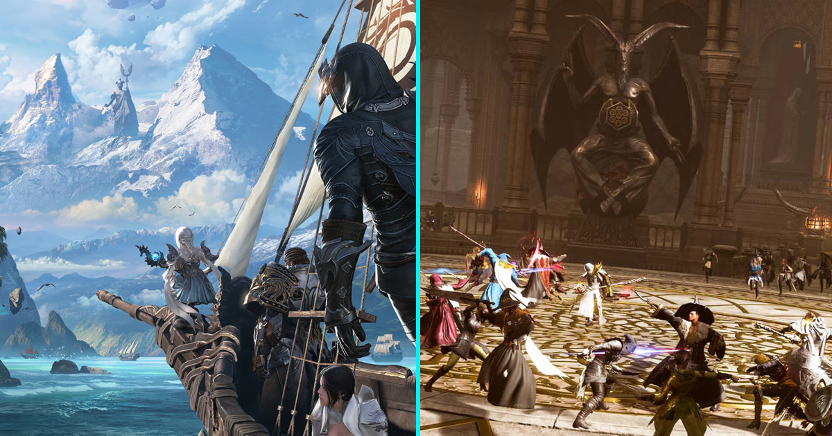 Kiri: kapal petualang Lost Ark berlayar ke pulau melayang. Kanan: pertempuran massal pemain Throne and Liberty di aula