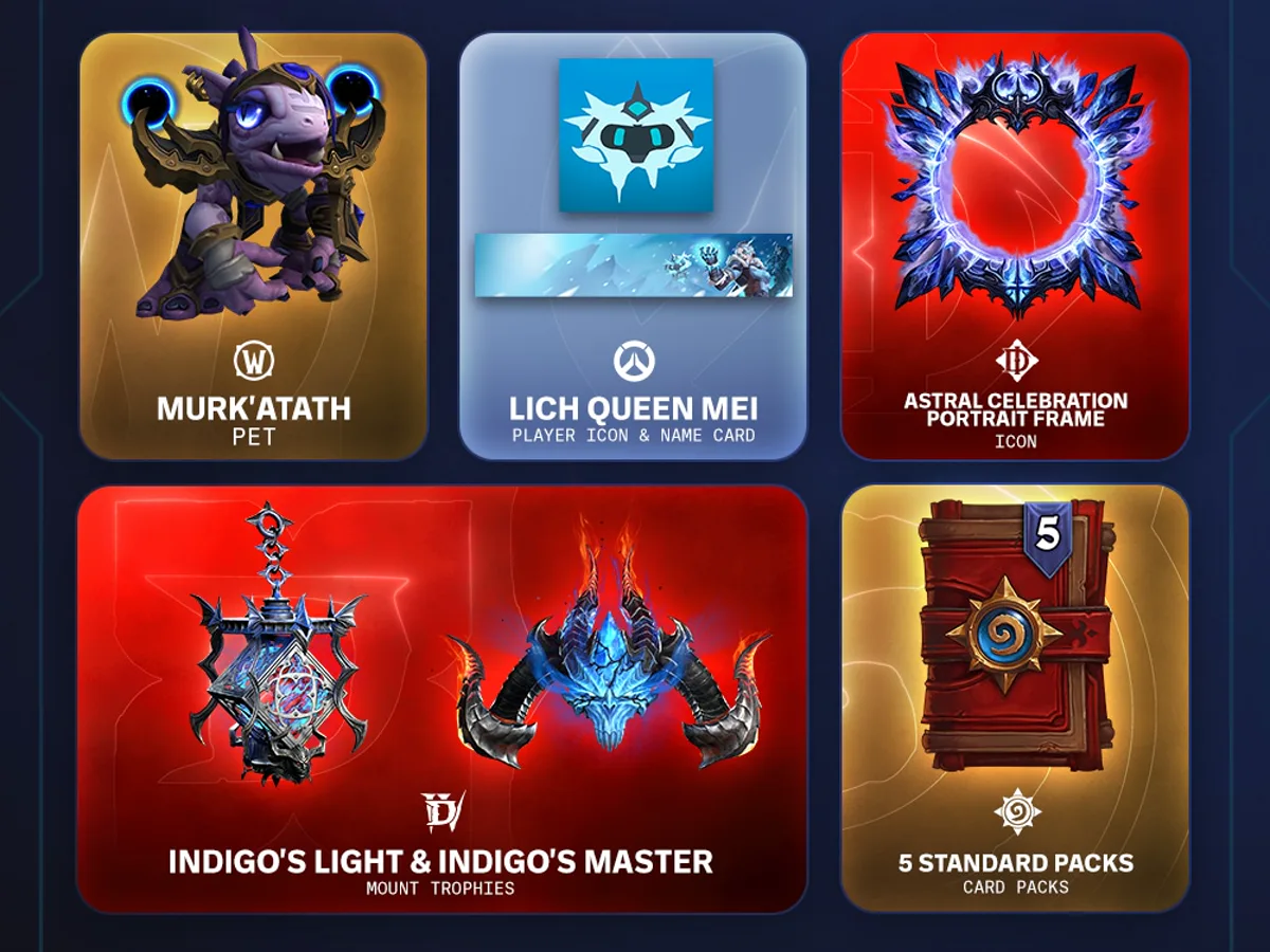Item tambahan BlizzCon Ultimate Collection: pet Murk'atath, icon Lich Queen Mei, frame Astral Celebration, trophy Indigo, dan 5 card pack