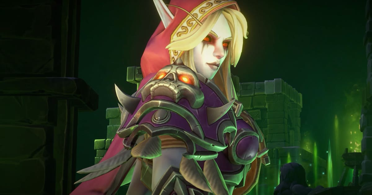 Sylvanas Windrunner versi Forsaken dengan grafis Definitive Edition di depan reruntuhan Lordaeron berwarna hijau