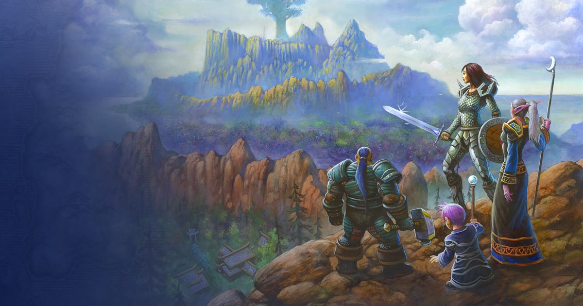 Artwork resmi WoW Forever: petualang Dwarf, Human, Gnome, dan Night Elf memandang Azeroth dari atas bukit