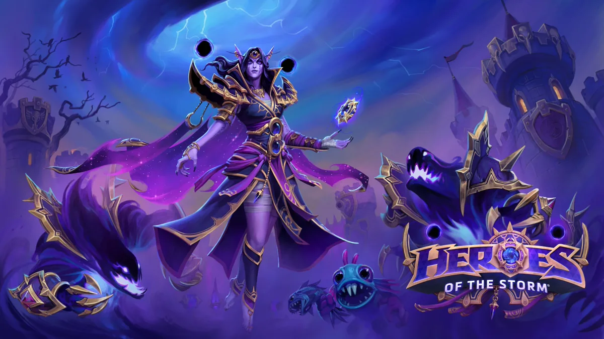 Key art Xal'atath di Heroes of the Storm dengan jubah ungu dan makhluk Void di sekitarnya