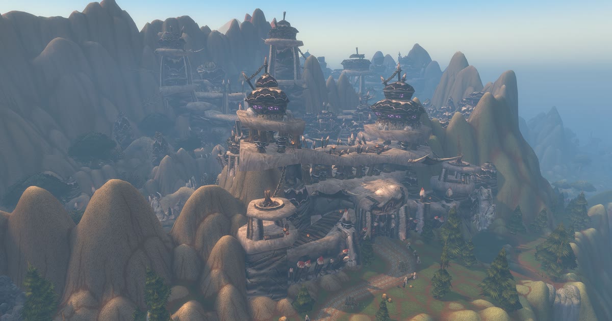 Benteng batu bertingkat di lembah pegunungan, gambar resmi Blizzard di bagian dungeon baru WoW Forever
